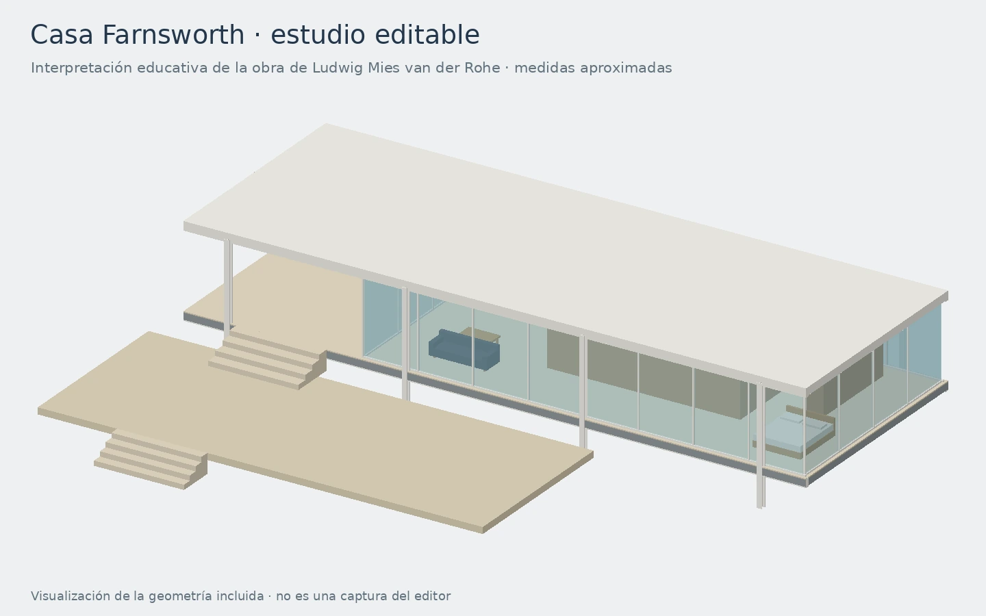 Vista del modelo de estudio de la Casa Farnsworth incluido en ESQUECHAT 0.8, con plataformas elevadas, estructura blanca y cerramientos de vidrio.